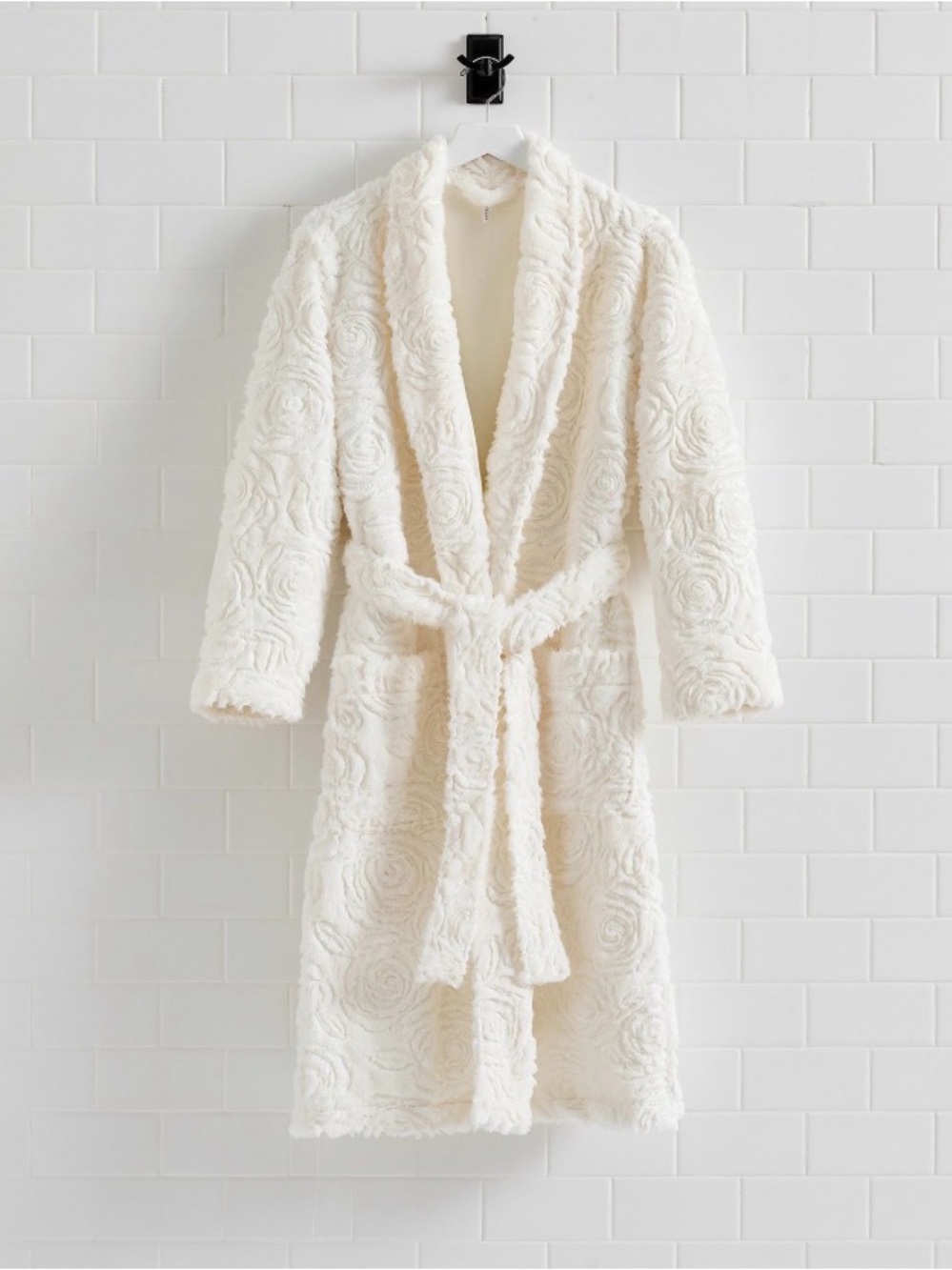LoveShackFancy Cream Plush Floral-Texture Robe with Shawl Collar